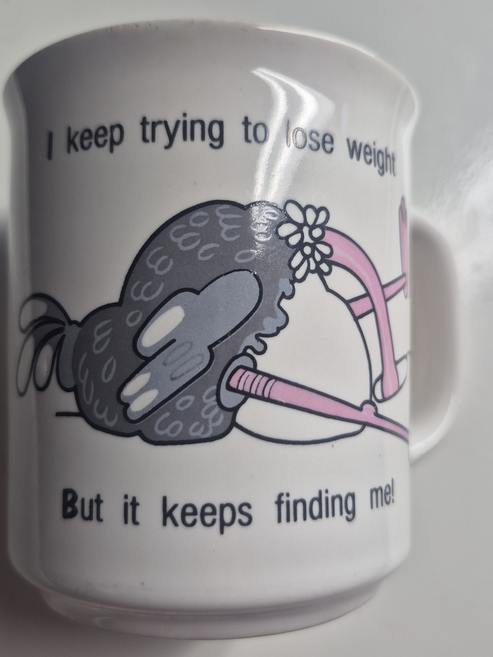 Novelty White Ceramic Mug with Pink and Gray Cartoon Design Weight loss